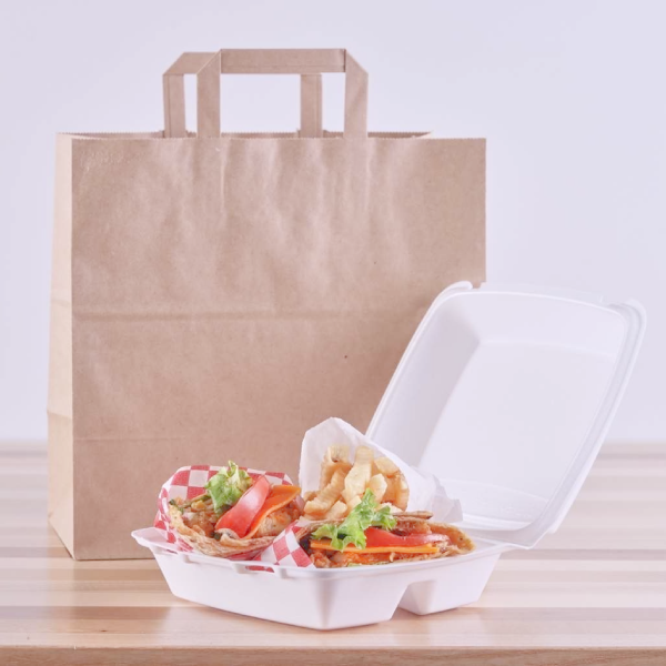 Punga hartie natur, delivery, take away, cu maner plat, 6 dimensiuni disponibile - 26x17x25cm - 250 bucati / set