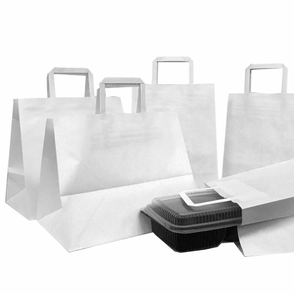 Punga hartie alba, delivery, cu maner plat, take away, 3 dimensiuni - 30x20x33cm - 250 buc.